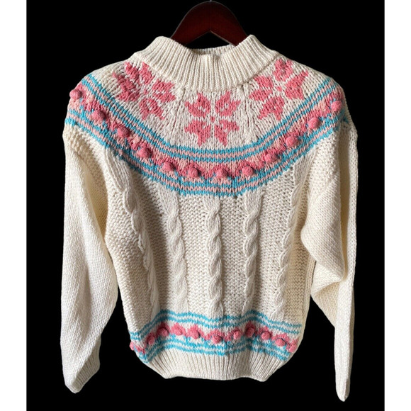 Vtg Hand Knit Sweater Medium White Fairy Kei Turtleneck Pink Nordic Cable Knit - Picture 1 of 8